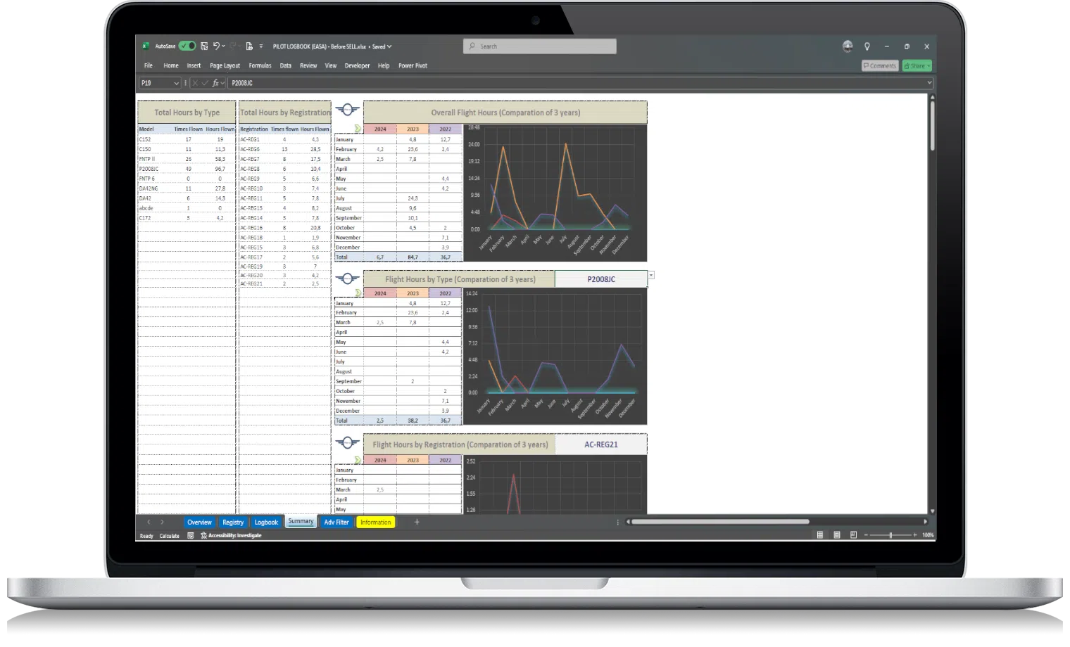 Pilot flight hours prepared for a job application using an Excel logbook
