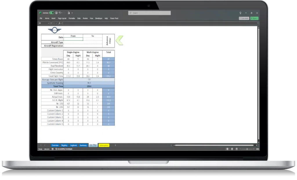FAA logbook advanced filters by aircraft and date