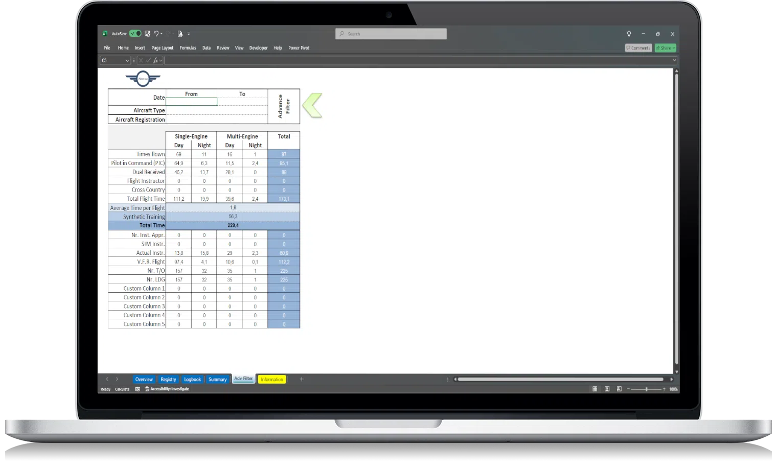 FAA logbook advanced filters by aircraft and date