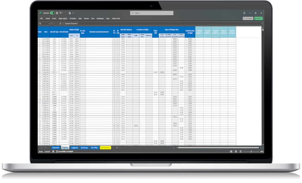 Example flight entry screen in Excel pilot logbook