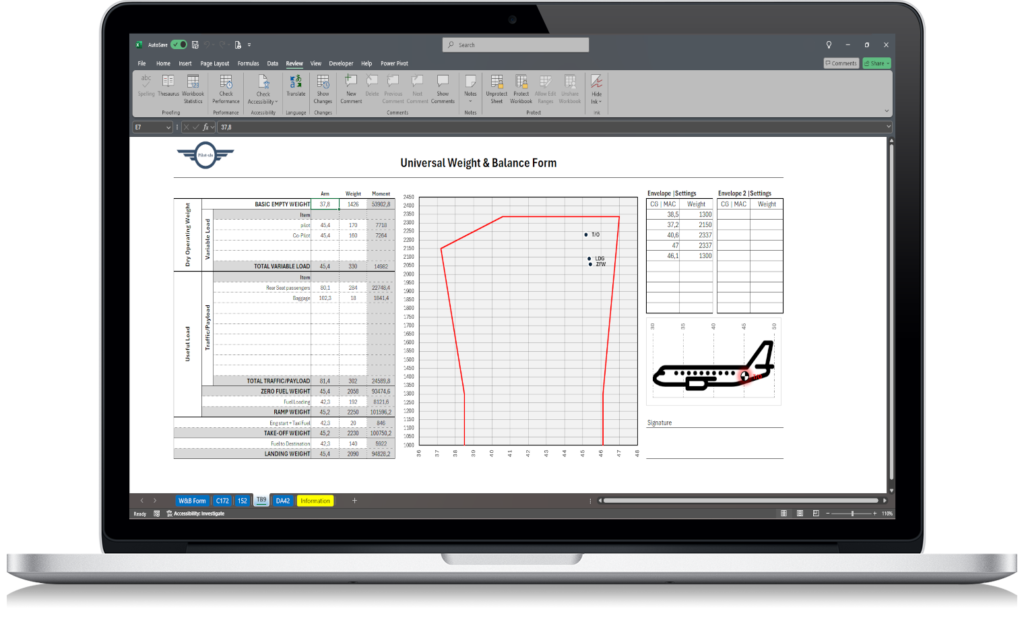 Aircraft weight and balance spreadsheet showing weights, arms, moments and calculated center of gravity