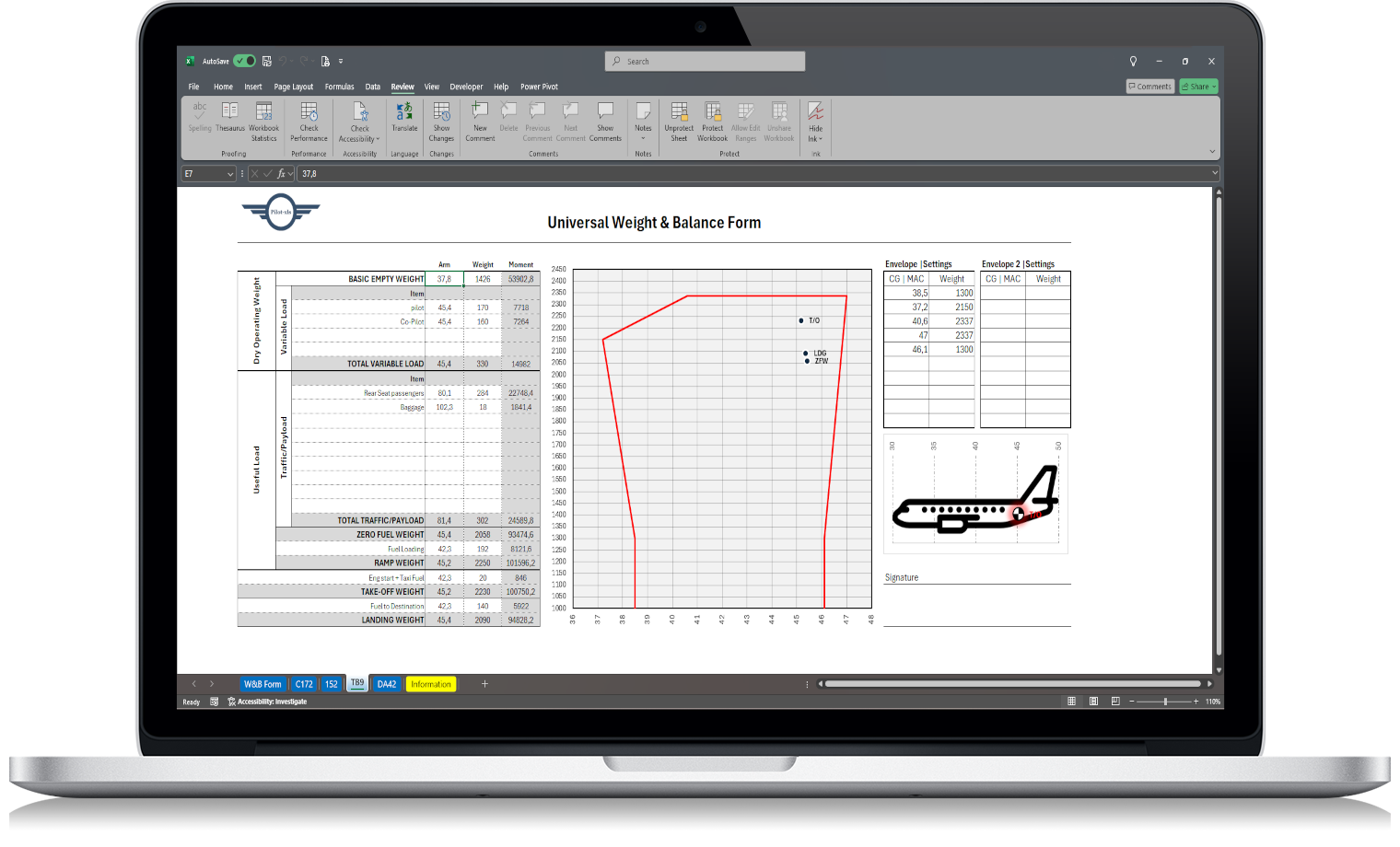 Aircraft weight and balance spreadsheet showing weights, arms, moments and calculated center of gravity