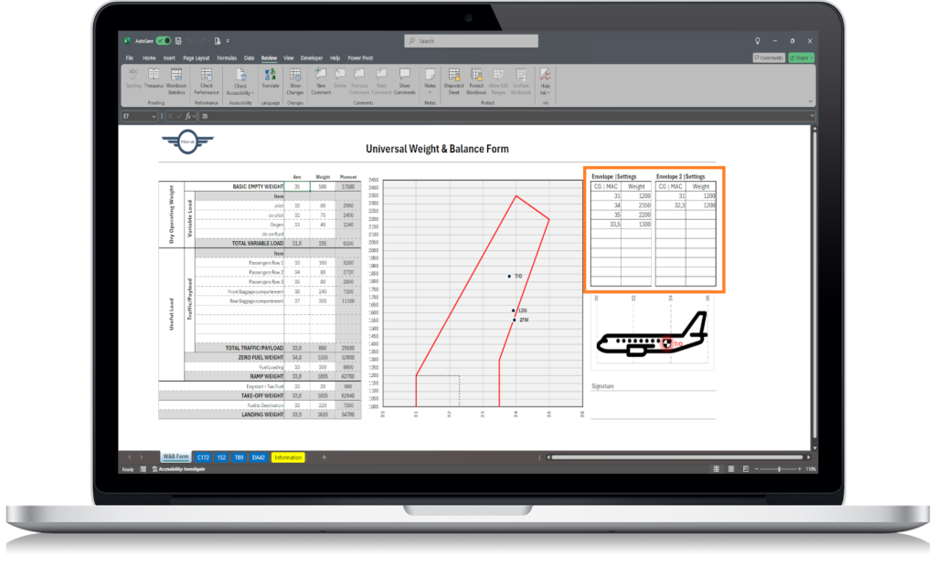 Aircraft weight and balance Excel spreadsheet with aircraft setup, loading stations and CG calculation fields