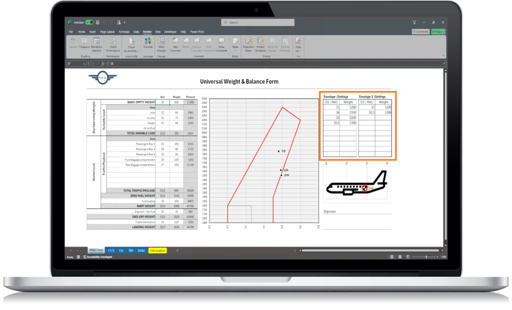 Aircraft weight and balance Excel spreadsheet with aircraft setup, loading stations and CG calculation fields