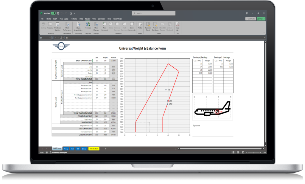 Weight and Balance Spreadsheet by Pilot-xls showing aircraft weight and balance calculations in Excel