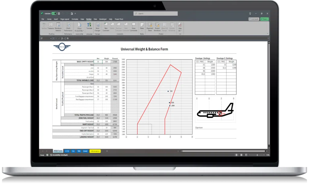 Weight and Balance Spreadsheet by Pilot-xls showing aircraft weight and balance calculations in Excel