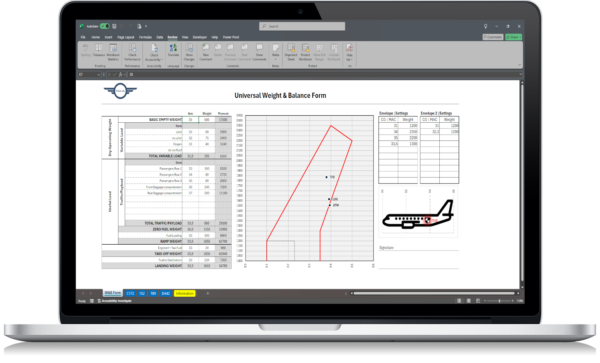 Weight and Balance Spreadsheet by Pilot-xls showing aircraft weight and balance calculations in Excel