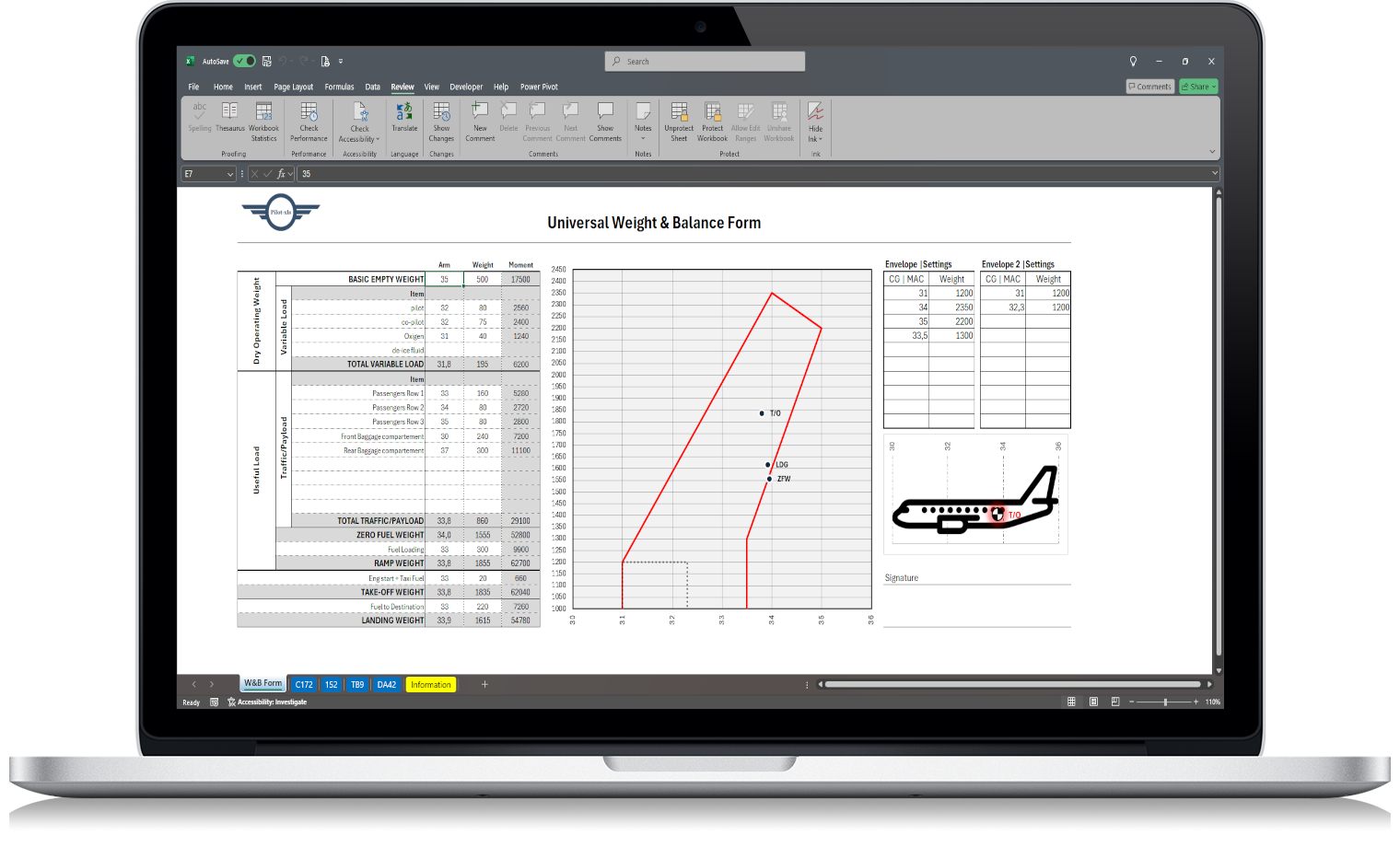 Weight and Balance Spreadsheet by Pilot-xls showing aircraft weight and balance calculations in Excel