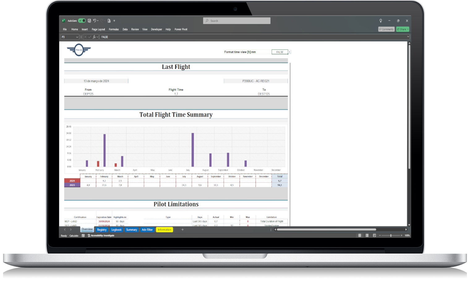 EASA pilot logbook Excel template for recording flight hours