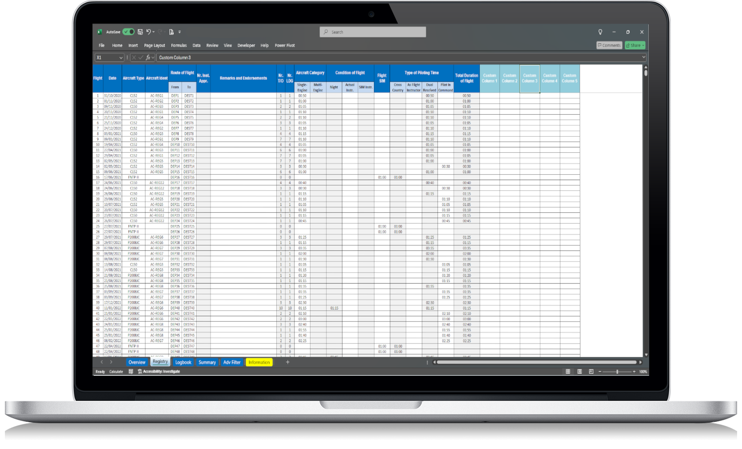 Excel pilot logbook compared with subscription logbook apps