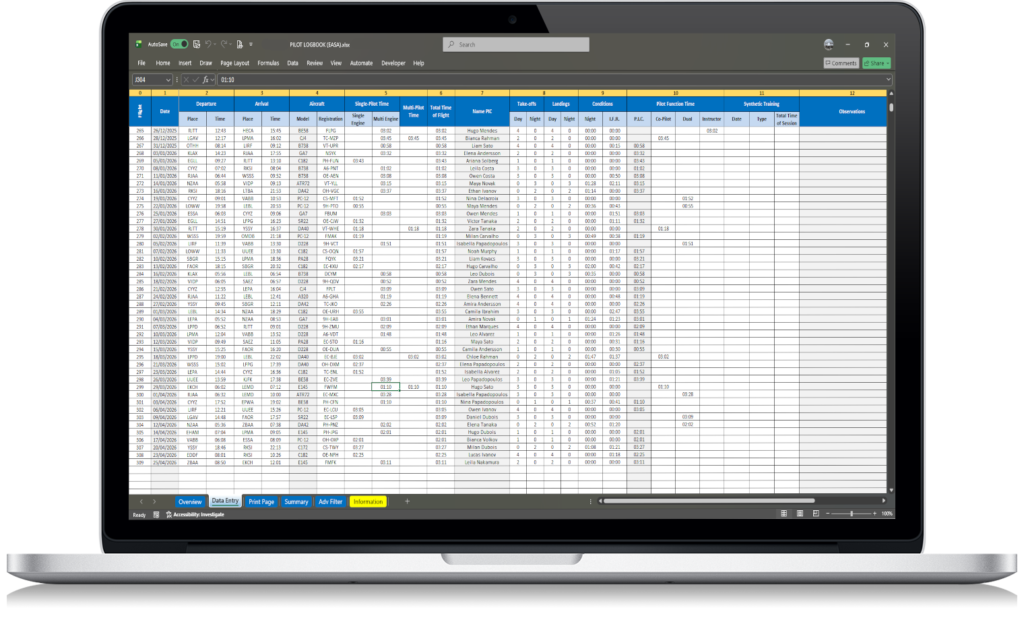 Example flight entry screen in Excel pilot logbook