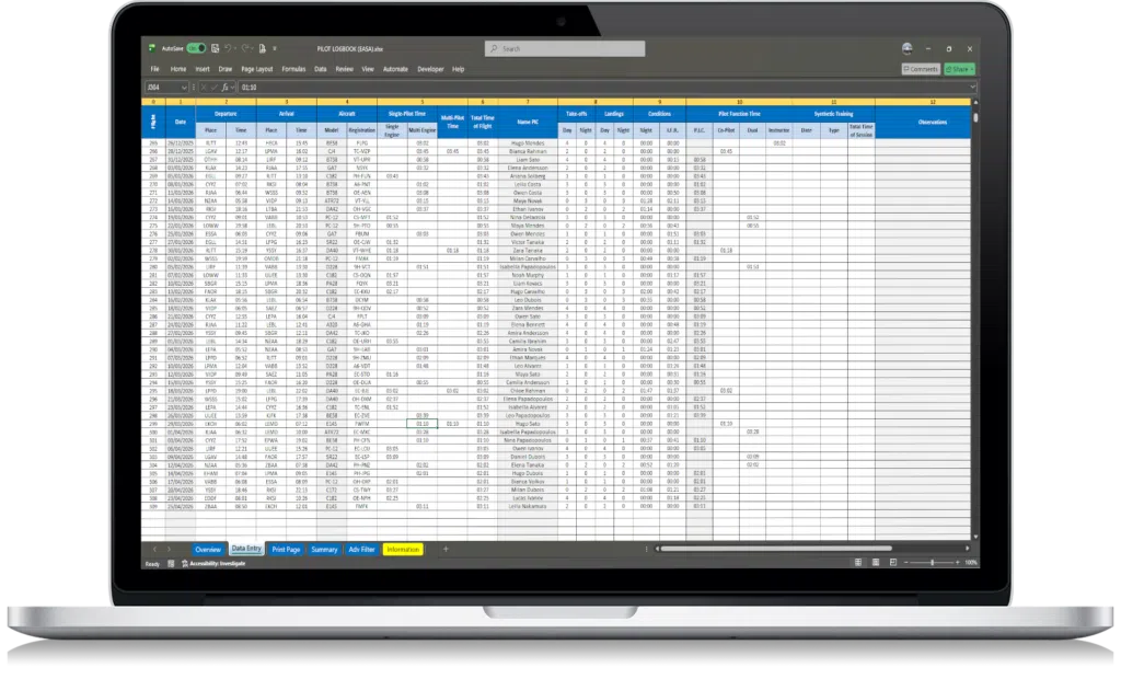 EASA pilot logbook excel – flight data entry screen