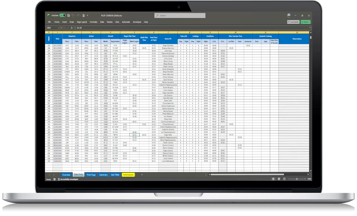 EASA pilot logbook excel – flight data entry screen