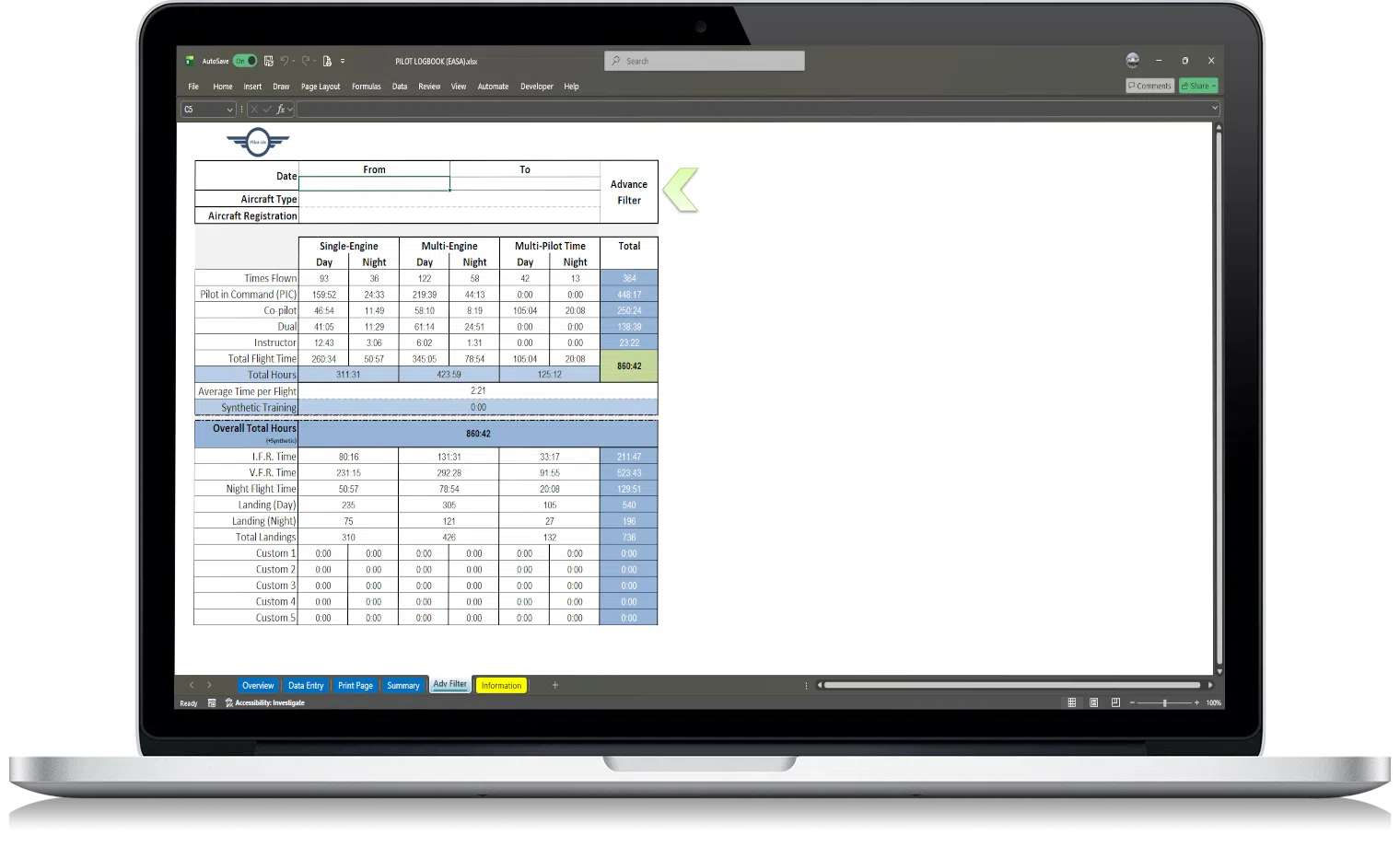 EASA pilot logbook excel – filter and search flights