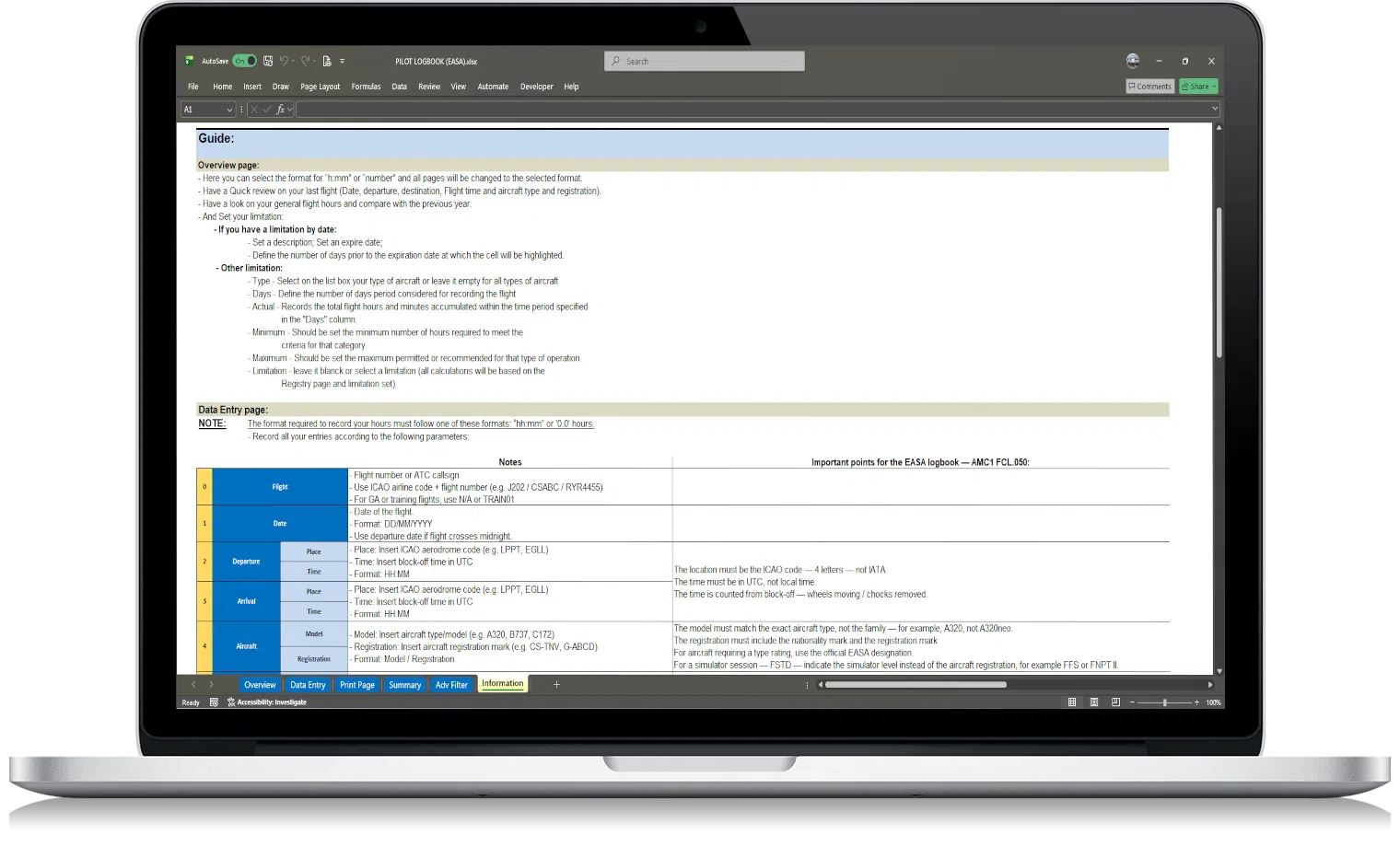 EASA pilot logbook excel – user guide and instructions