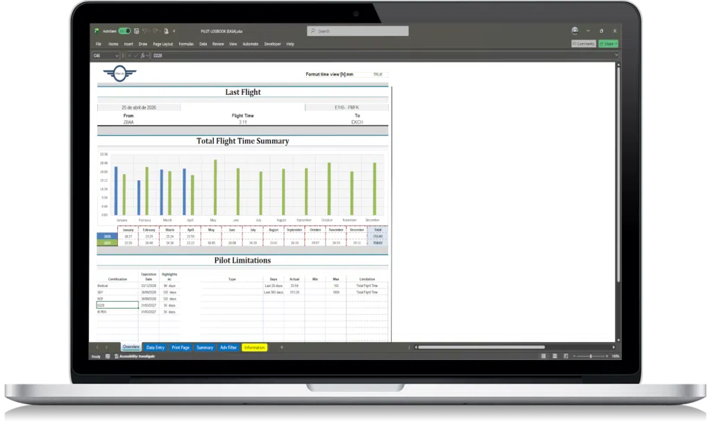 EASA pilot logbook excel – dashboard and totals view