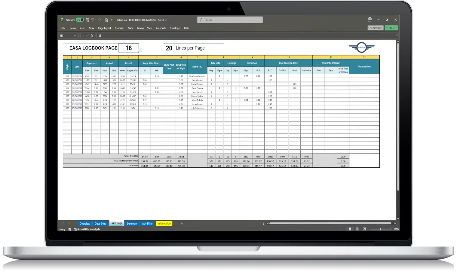 EASA pilot logbook excel – print page layout