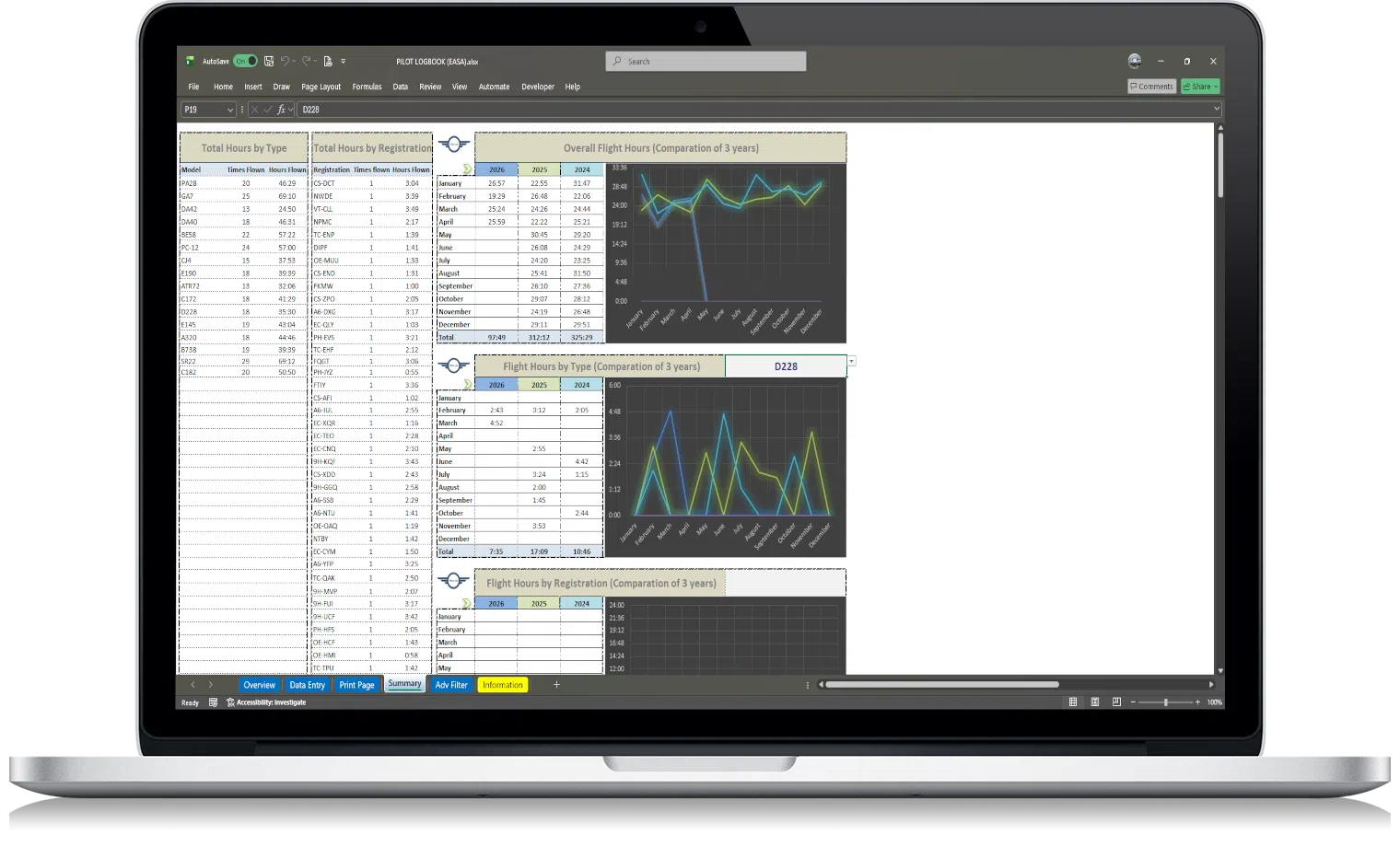 EASA pilot logbook excel – flight hours summary